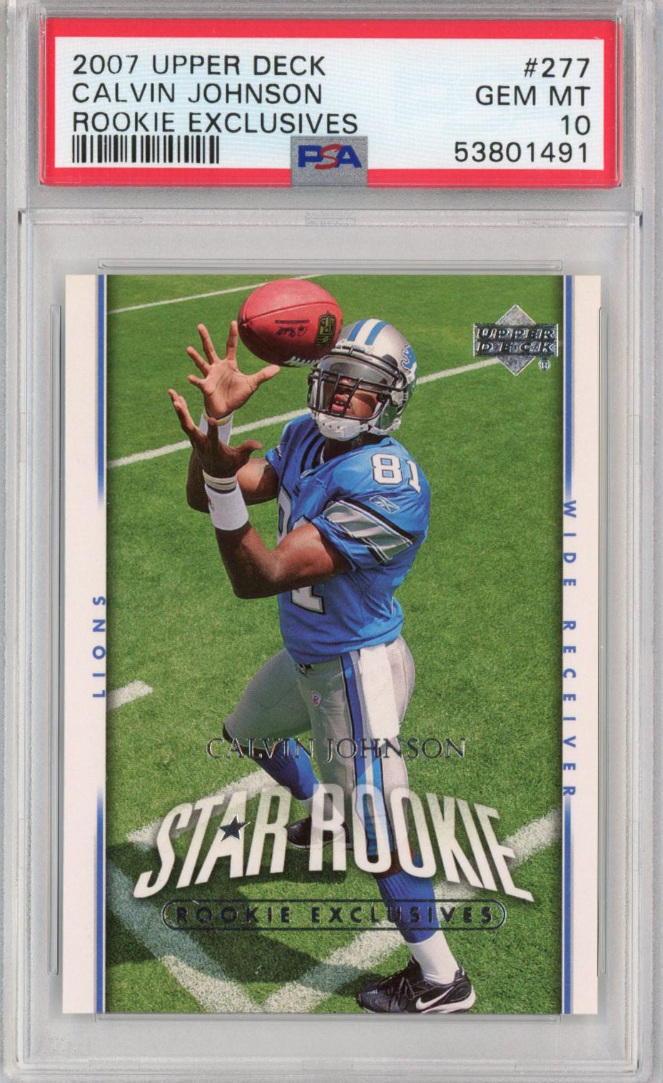 Graded 2007 Upper Deck UD Calvin Johnson #277 Rookie Exclusives RC Football Card PSA 10 Gem Mint