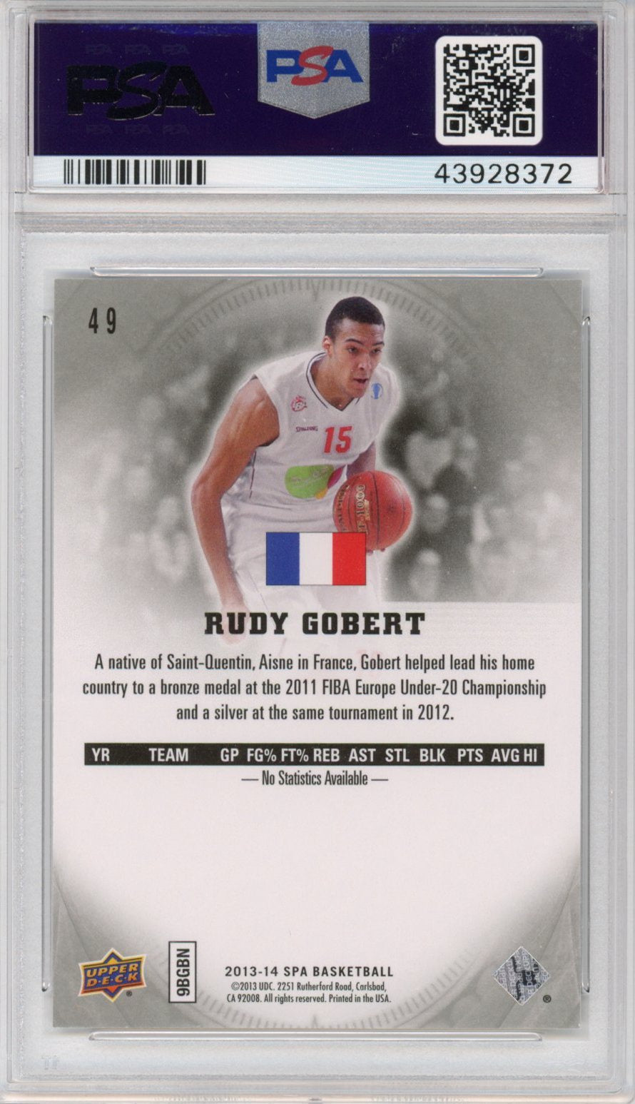 Graded 2013-14 Upper Deck UD SP Authentic Rudy Gobert #49 Rookie RC Basketball Card PSA 10 Gem Mint