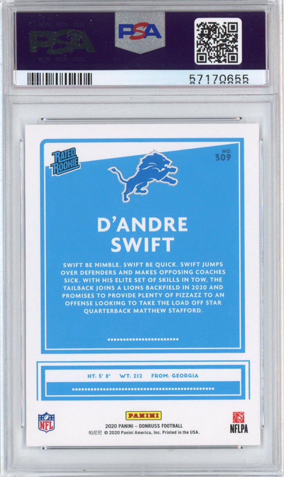 Graded 2020 Panini Donruss D'Andre Swift #309 Canvas Rookie RC Football Card PSA 10 Gem Mint