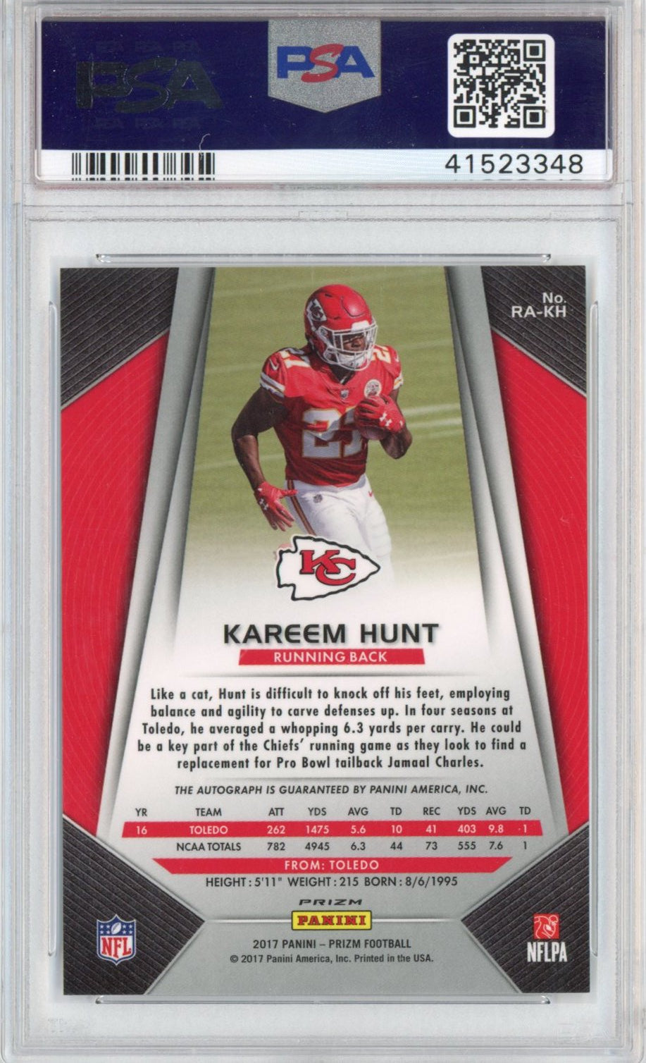 Graded 2017 Panini Prizm Kareem Hunt #KH Prizm Auto Autographs Rookie RC Football Card PSA 10 Gem Mint