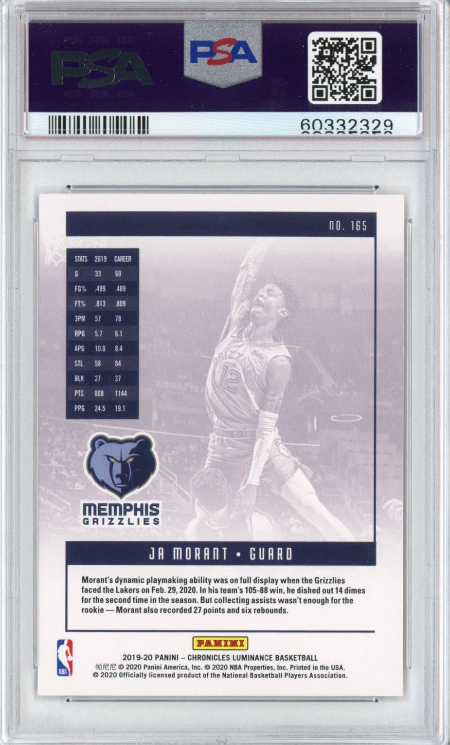 Graded 2019-20 Panini Chronicles Ja Morant #165 Kevin Love Dunk Rookie RC Basketball Card PSA 10 Gem Mint