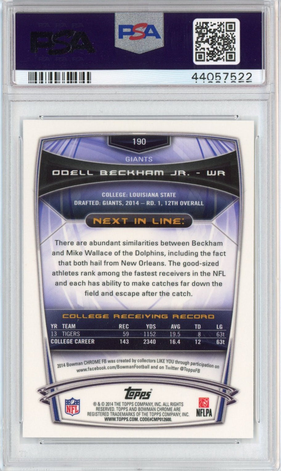 Graded 2014 Bowman Chrome Odell Beckham Jr. #190 Refractor Facing Side Rookie RC Football Card PSA 10 Gem Mint