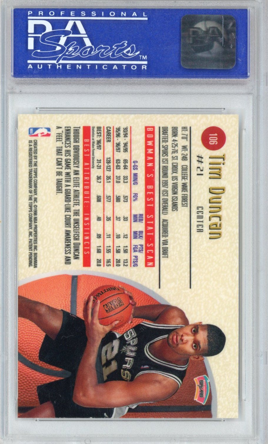 Graded 1997-98 Bowman's Best Tim Duncan #106 Rookie RC Basketball Card PSA 10 Gem Mint
