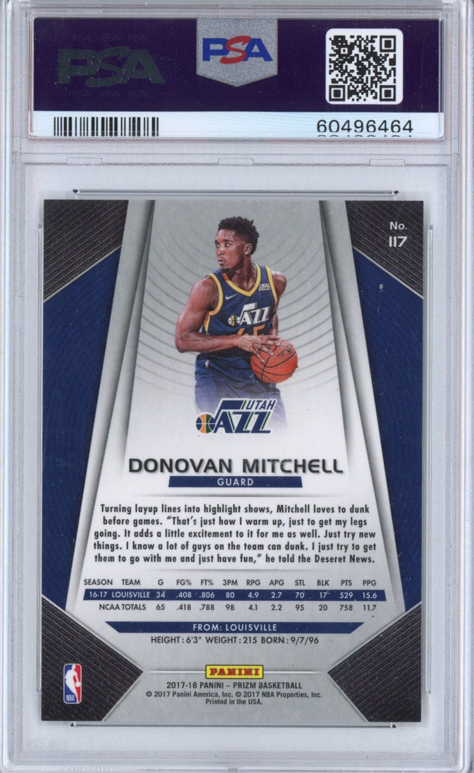Graded 2017-18 Panini Prizm Donovan Mitchell #117 Rookie RC Basketball Card PSA 10 Gem Mint