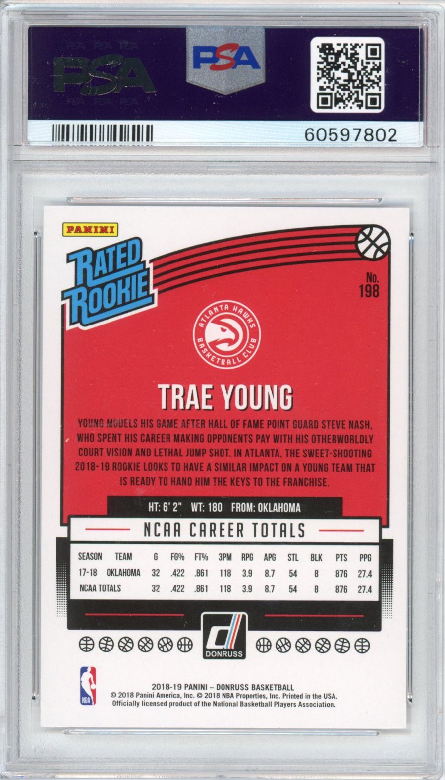 Graded 2018-19 Panini Donruss Trae Young #198 Rookie RC Basketball Card PSA 10 Gem Mint