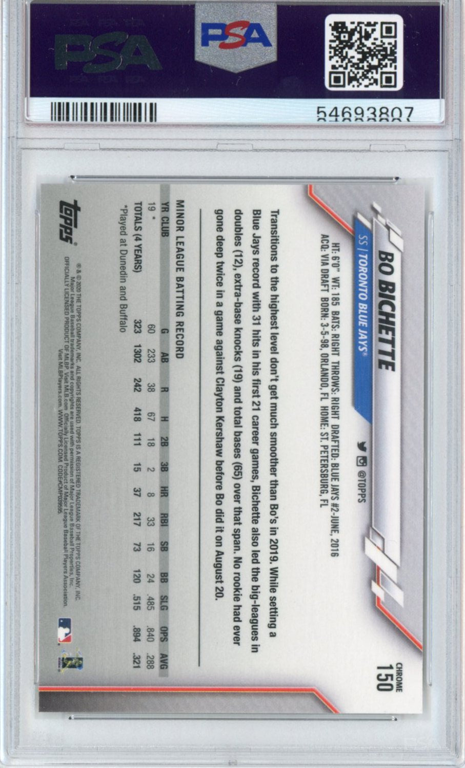 Graded 2020 Topps Chrome Bo Bichette #150 Rookie RC Baseball Card PSA 10 Gem Mint