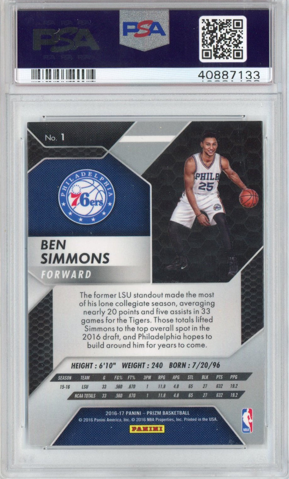 Graded 2016-17 Panini Prizm Ben Simmons #1 Rookie RC Basketball Card PSA 10 Gem Mint