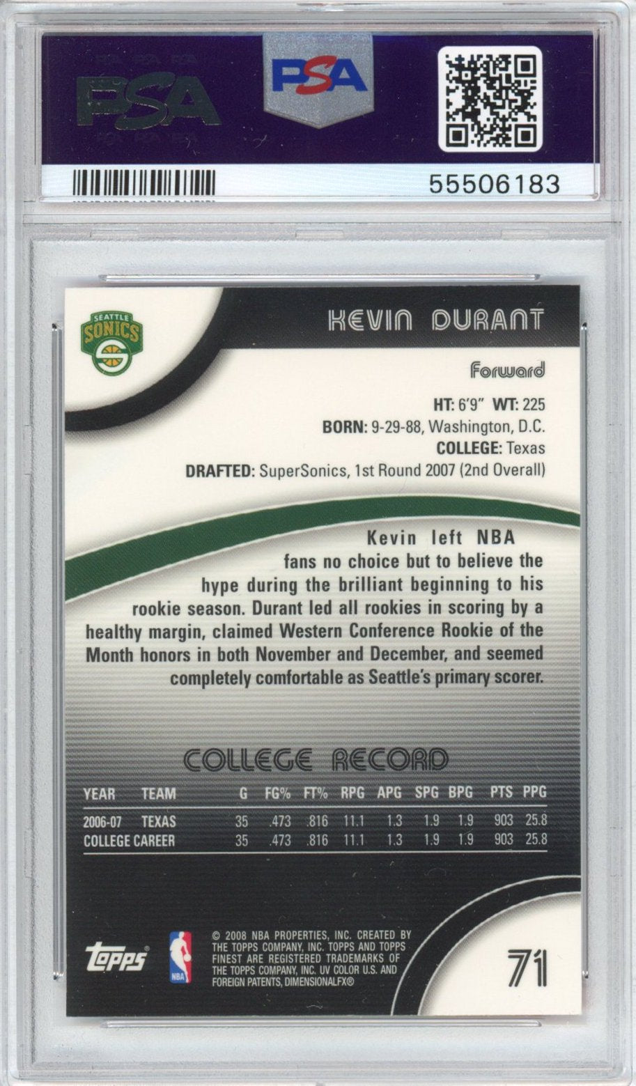 Graded 2007-08 Topps Finest Kevin Durant #71 Rookie RC Basketball Card PSA 10 Gem Mint