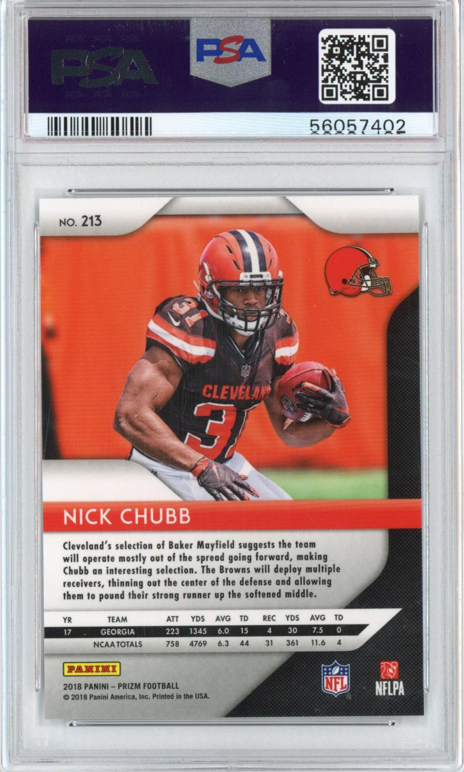 Graded 2018 Panini Prizm Nick Chubb #213 Rookie RC Football Card PSA 10 Gem Mint