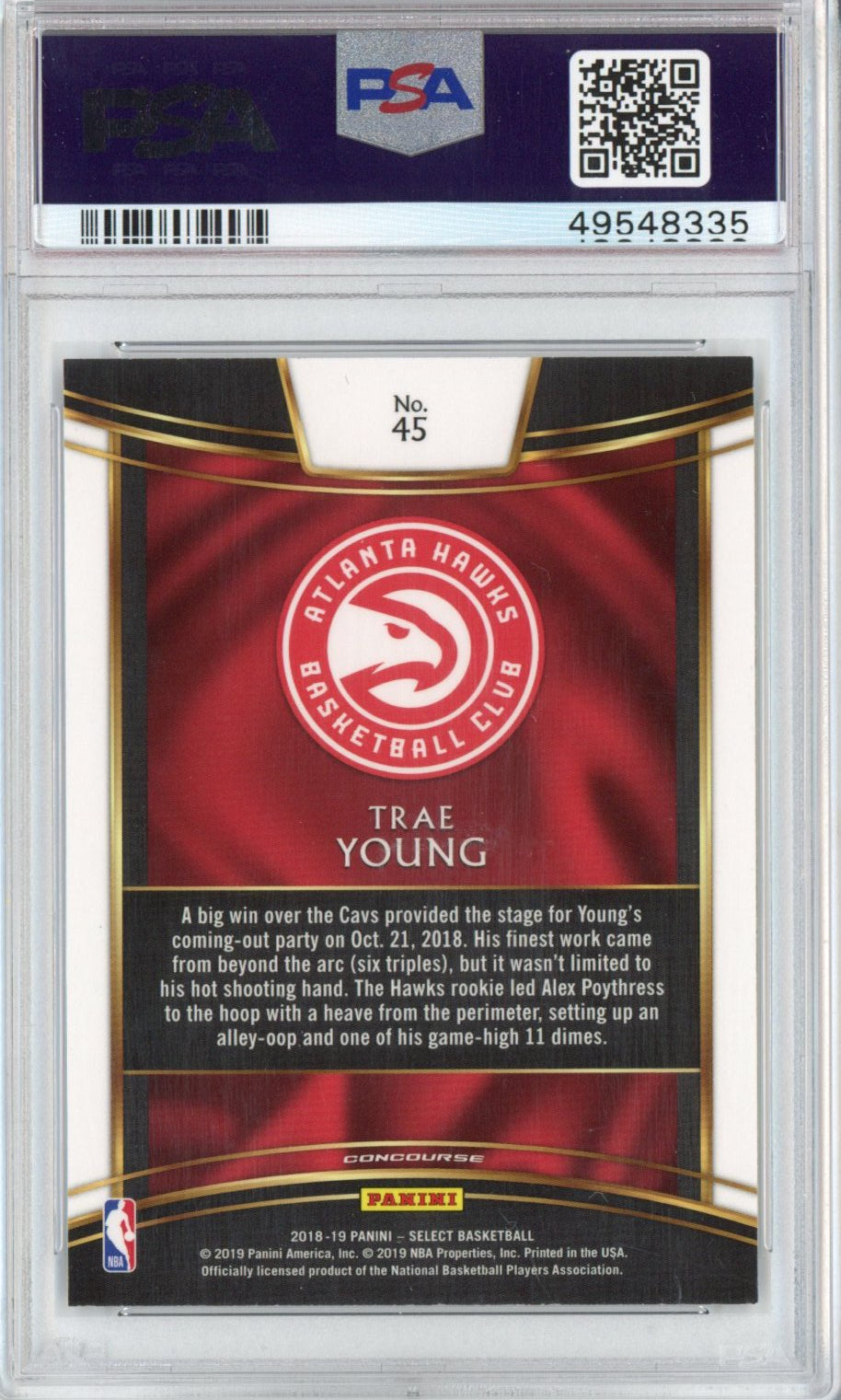 Graded 2018-19 Panini Select Trae Young #45 Concourse Rookie RC Basketball Card PSA 10 Gem Mint