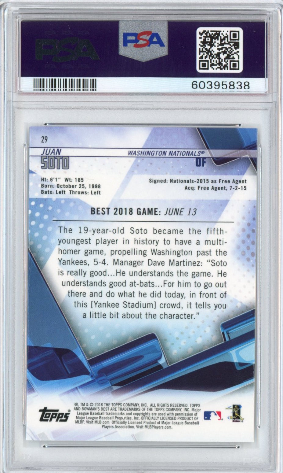 Graded 2018 Topps Bowman's Best Juan Soto #29 Rookie RC Baseball Card PSA 10 Gem Mint
