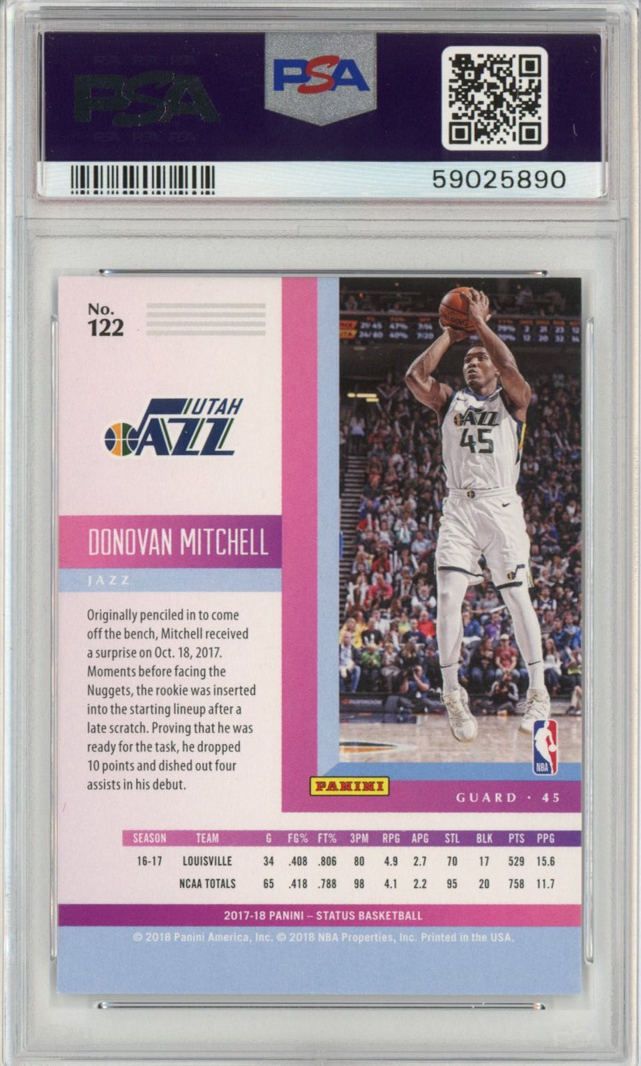 Graded 2017-18 Panini Status Donovan Mitchell #122 Rookie RC Basketball Card PSA 10 Gem Mint