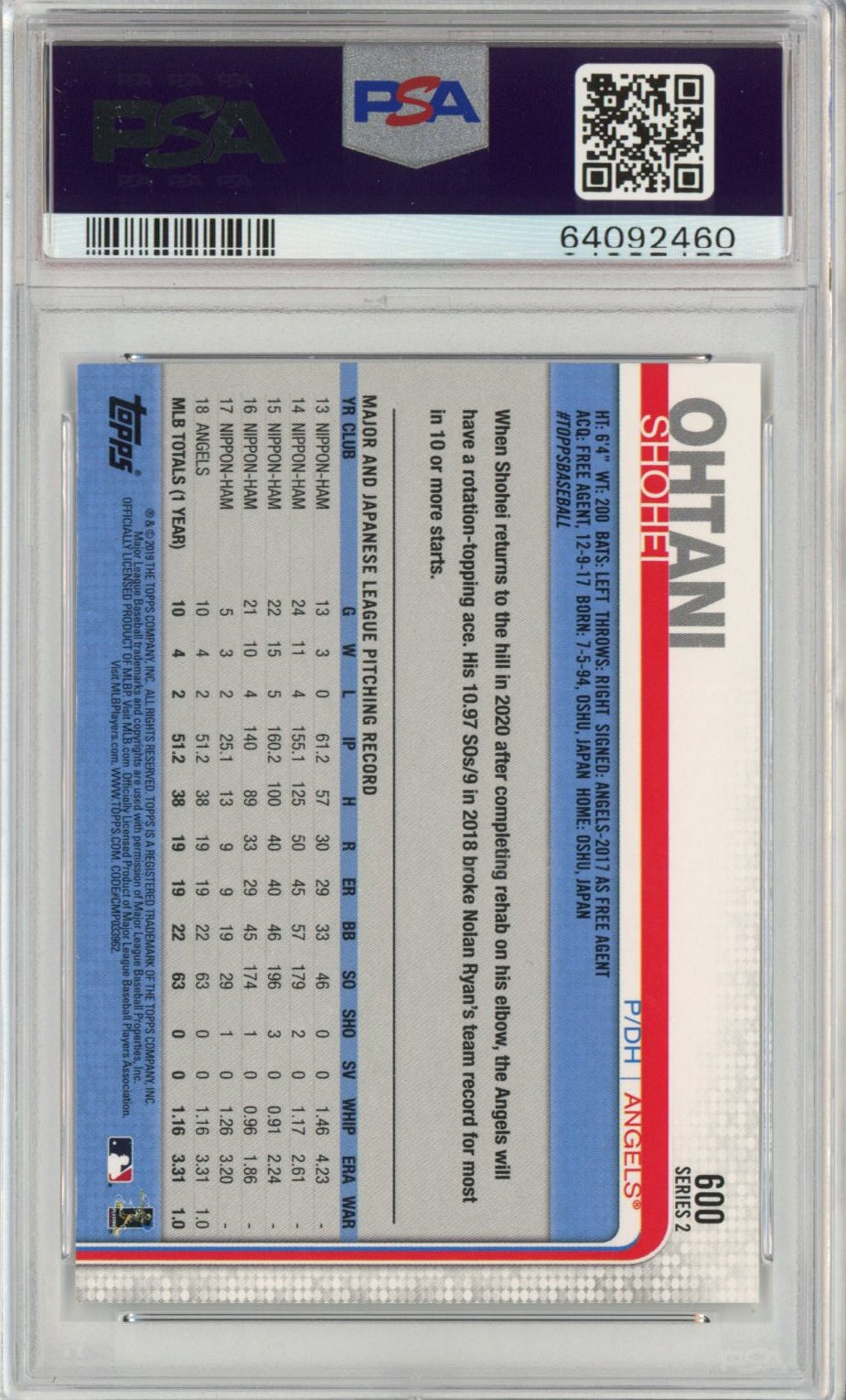Graded 2019 Topps Shohei Ohtani #600 Rookie Cup RC Baseball Card PSA 10 Gem Mint