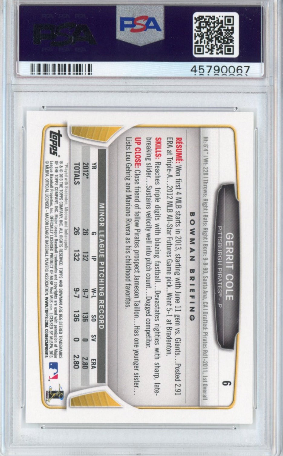 Graded 2013 Bowman Draft Picks & Prospects Gerrit Cole #6 Rookie RC Baseball Card PSA 10 Gem Mint