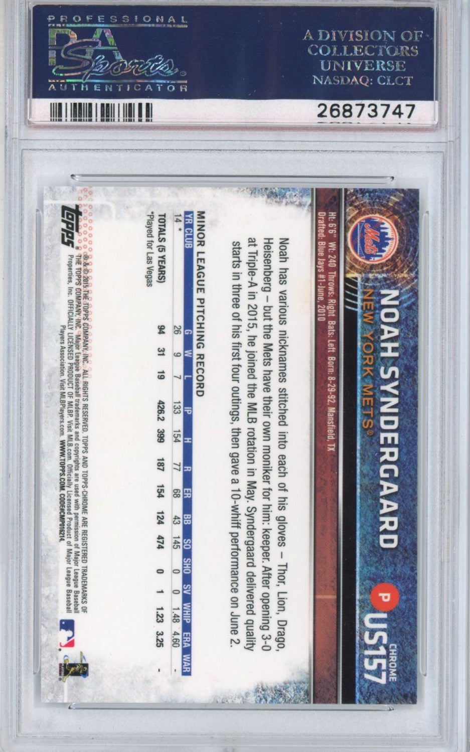 Graded 2015 Topps Chrome Update Noah Syndergaard #US157 Rookie RC Baseball Card PSA 10 Gem Mint