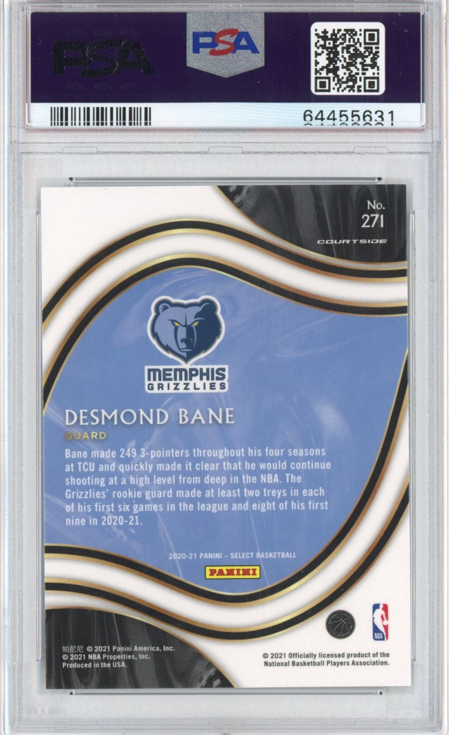 Graded 2020-21 Panini Select Desmond Bane #271 Courtside Rookie RC Basketball Card PSA 10 Gem Mint