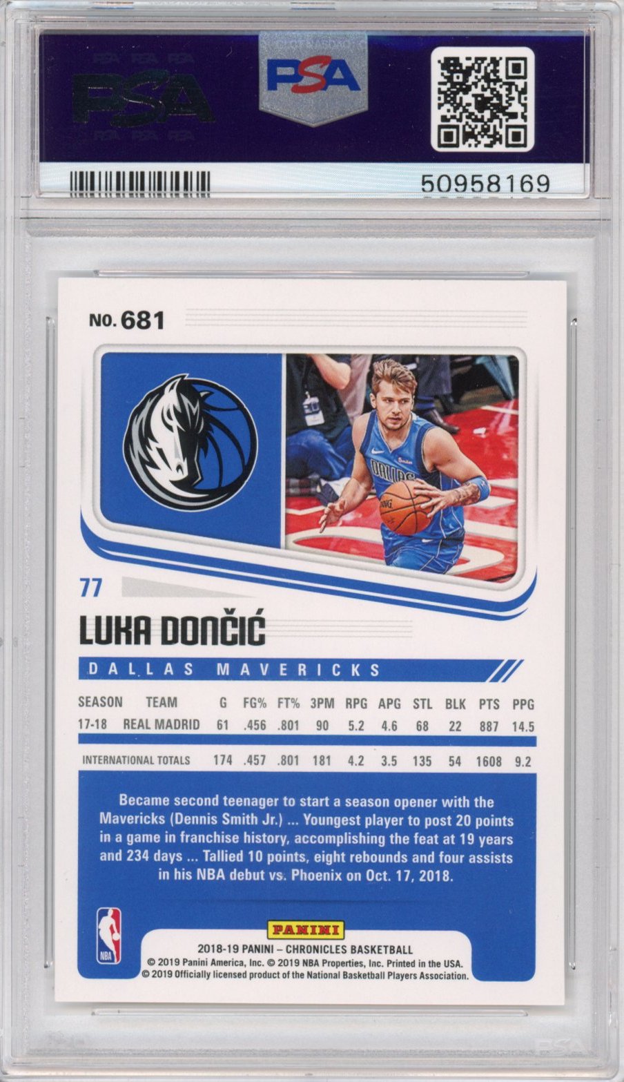 Graded 2018-19 Panini Chronicles Luka Doncic #681 Rookie RC Basketball Card PSA 10 Gem Mint