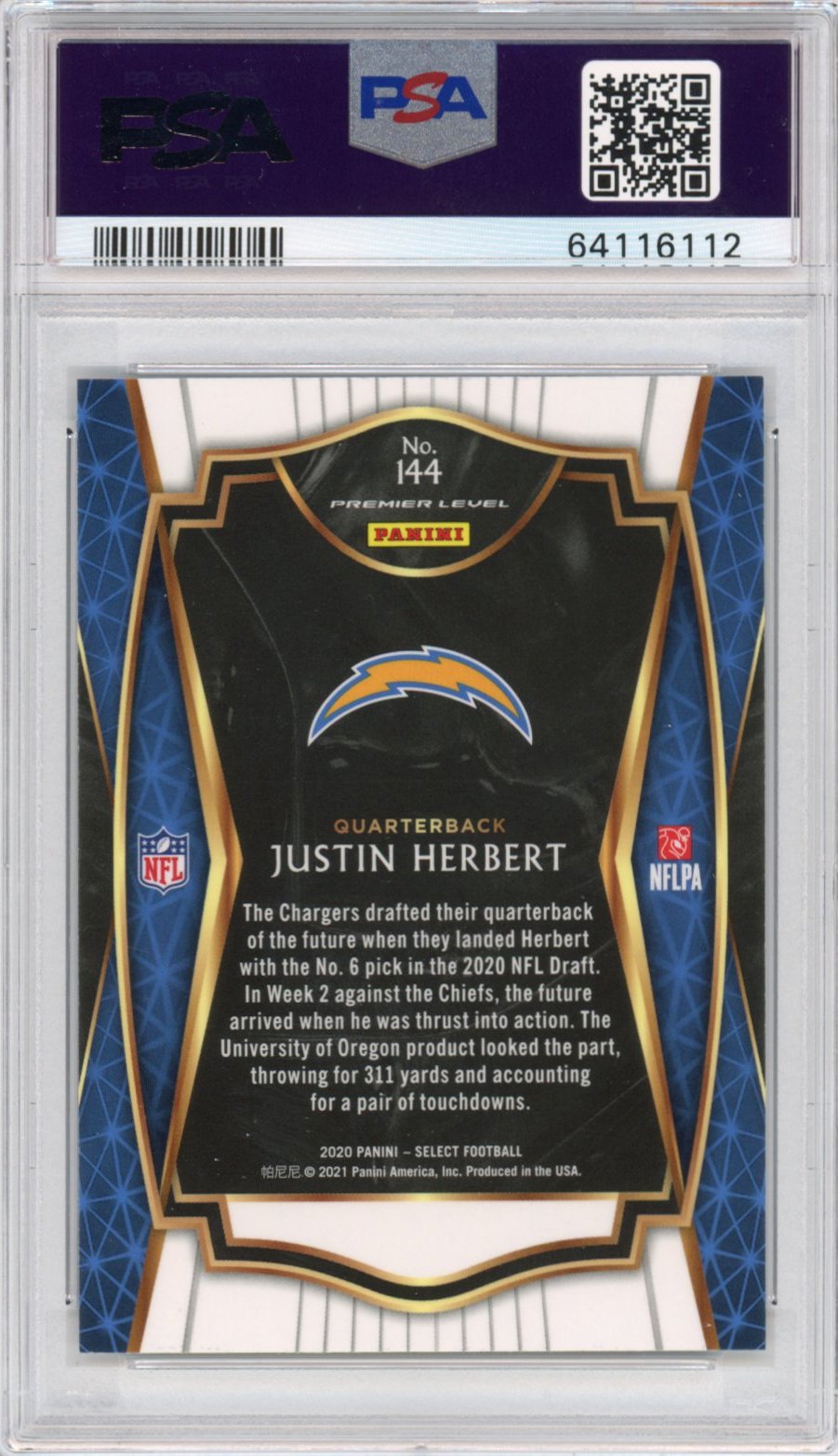 Graded 2020 Panini Select Justin Herbert #144 Premier Level Rookie RC Football Card PSA 10 Gem Mint