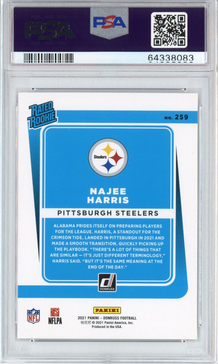 Graded 2021 Panini Donruss Najee Harris #259 Rated Rookie RC Football Card PSA 10 Gem Mint