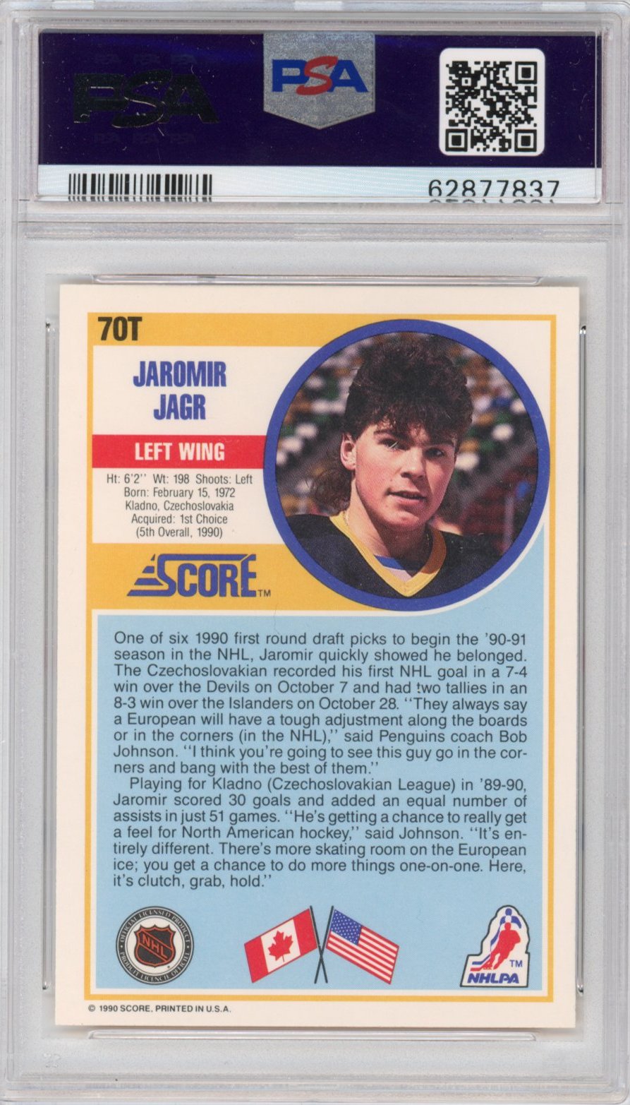 Graded 1990-91 Score R/T Rookie & Traded Jaromir Jagr #70T Rookie RC Hockey Card PSA 10 Gem Mint