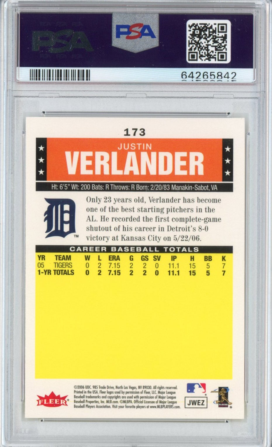 Graded 2006 Fleer Tradition Justin Verlander #173 Rookie RC Baseball Card PSA 10 Gem Mint