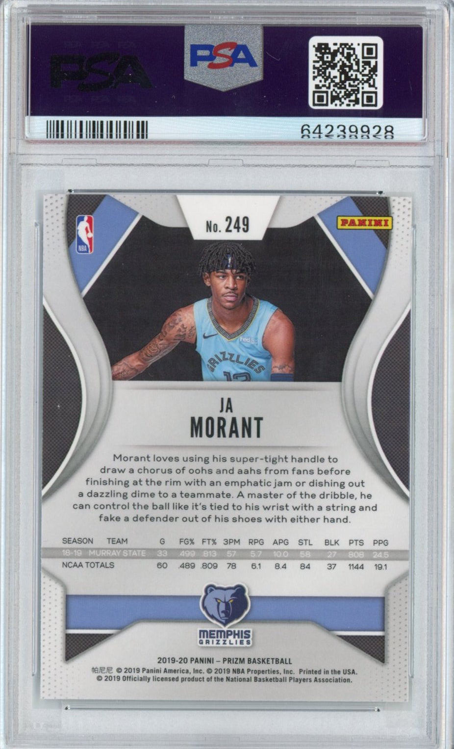 Graded 2019-20 Panini Prizm Ja Morant #249 Rookie RC Basketball Card PSA 10 Gem Mint