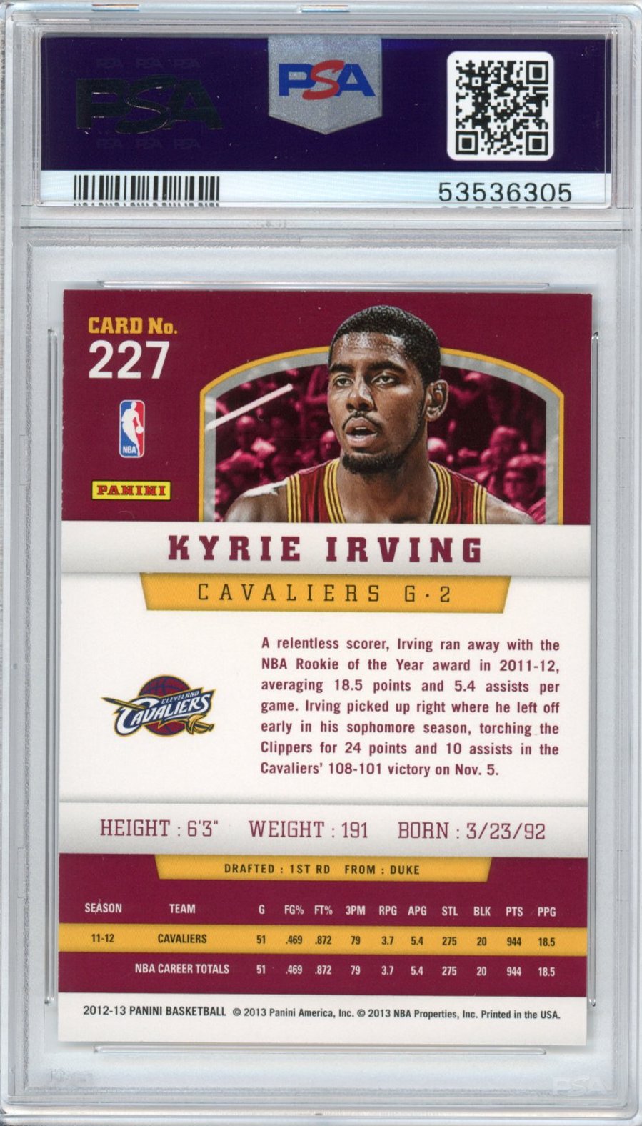 Graded 2012-13 Panini Kyrie Irving #227 Rookie RC Basketball Card PSA 10 Gem Mint