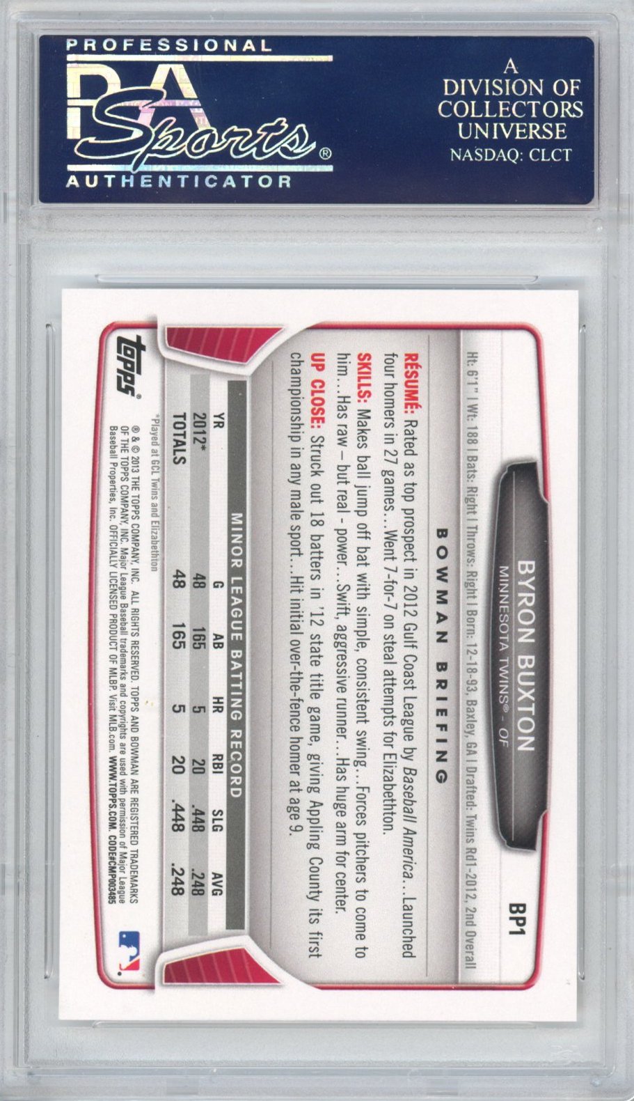 Graded 2013 Bowman Prospect Byron Buxton #BP1 Rookie RC Baseball Card PSA 10 Gem Mint