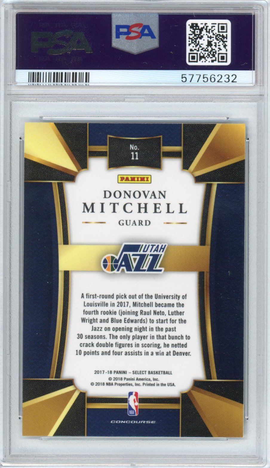 Graded 2017-18 Panini Select Donovan Mitchell #11 Concourse Rookie RC Basketball Card PSA 10 Gem Mint