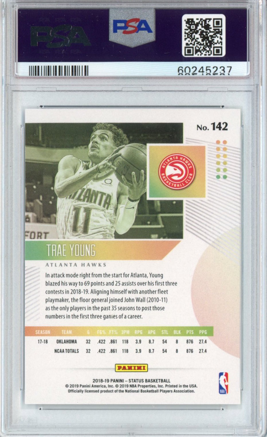 Graded 2018-19 Panini Status Trae Young #142 Rookie RC Basketball Card PSA 10 Gem Mint