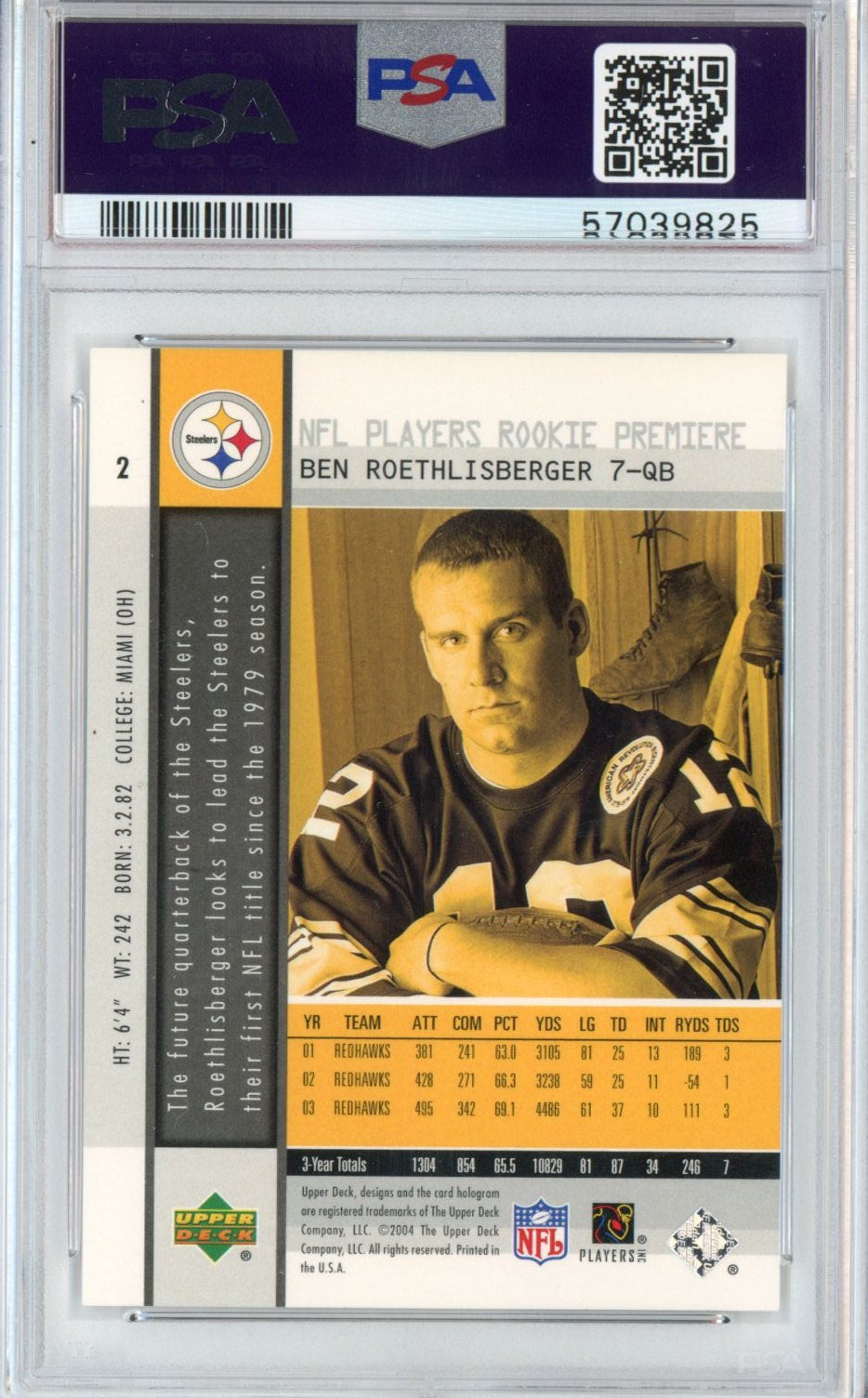 Graded 2004 Upper Deck UD Premiere Ben Roethlisberger #2 Rookie RC Football Card PSA 10 Gem Mint