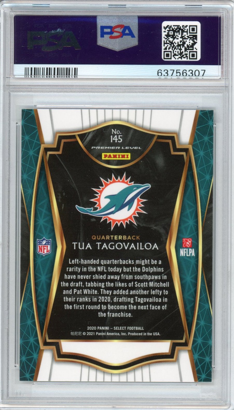 Graded 2020 Panini Select Tua Tagovailoa #145 Premier Level Rookie RC Football Card PSA 10 Gem Mint