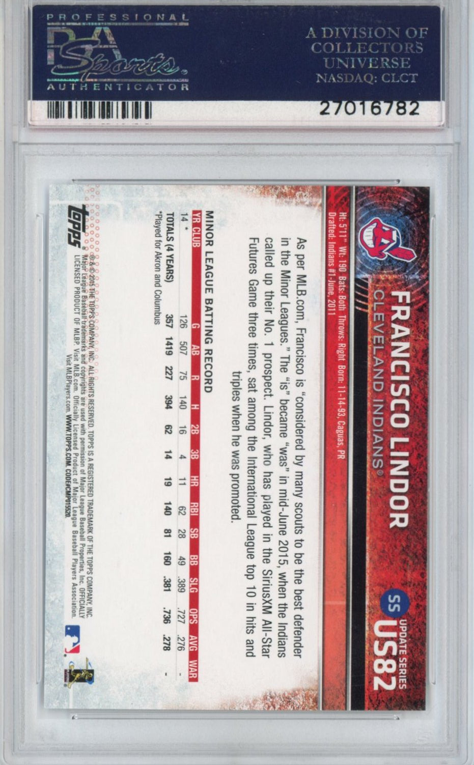 Graded 2015 Topps Update Francisco Lindor #US82 No Sparkle Under Glove Rookie RC Baseball Card PSA 10 Gem Mint