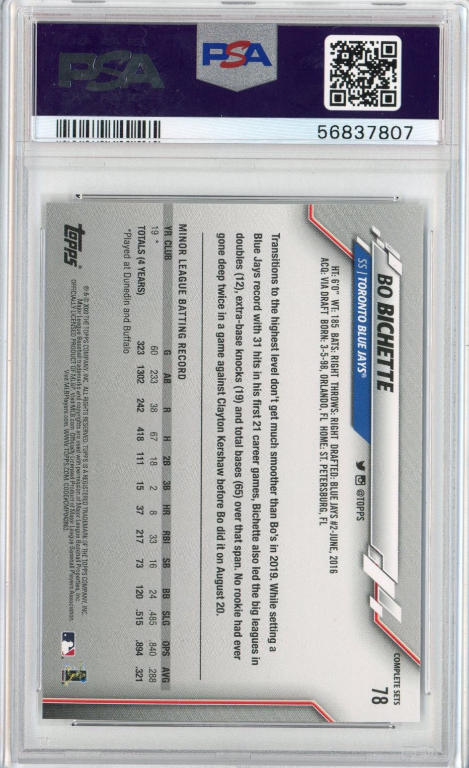 Graded 2020 Topps Complete Set Bo Bichette #78 Rookie RC Baseball Card PSA 10 Gem Mint