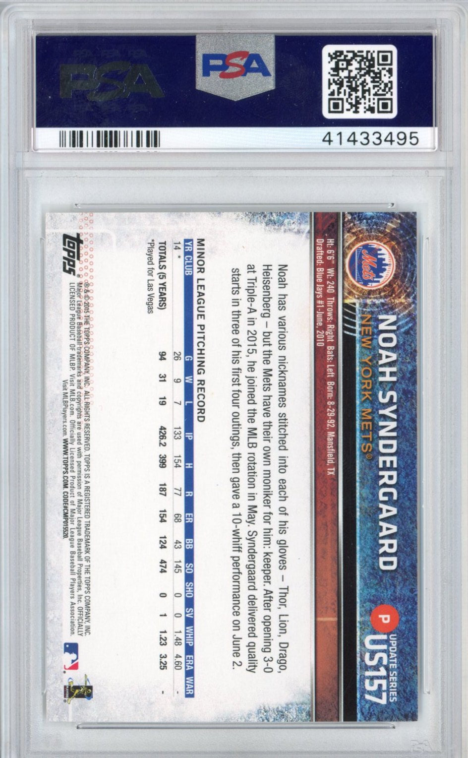 Graded 2015 Topps Update Noah Syndergaard #US157 Rookie RC Baseball Card PSA 10 Gem Mint