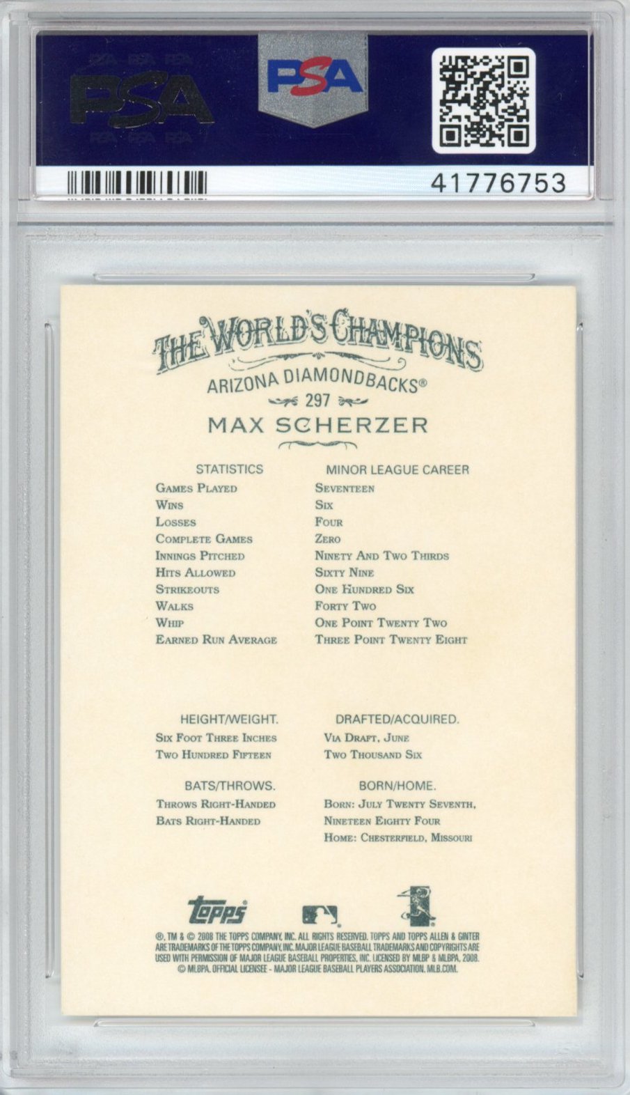 Graded 2008 Topps Max Scherzer #297 Allen & Ginter Rookie RC Baseball Card PSA 10 Gem Mint