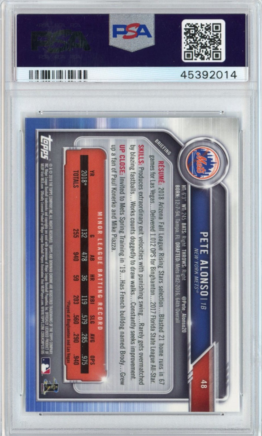 Graded 2019 Bowman Chrome Pete Alonso #48 Rookie RC Baseball Card PSA 10 Gem Mint