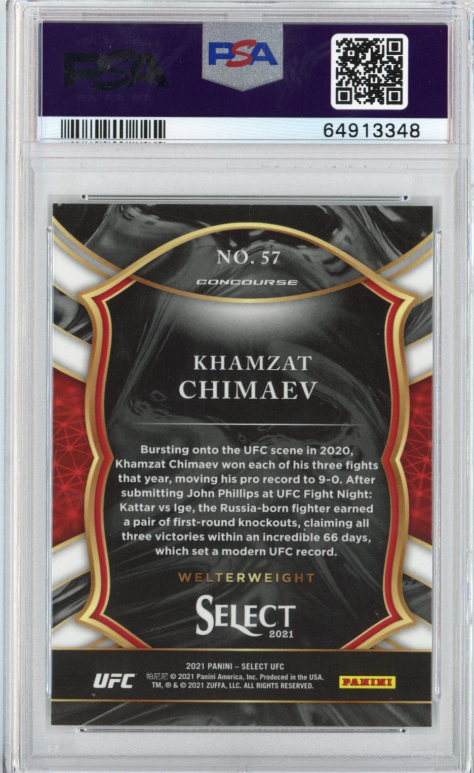 Graded 2021 Panini Select Khamzat Chimaev #57 Concourse Rookie RC UFC MMA Card PSA 10 Gem Mint