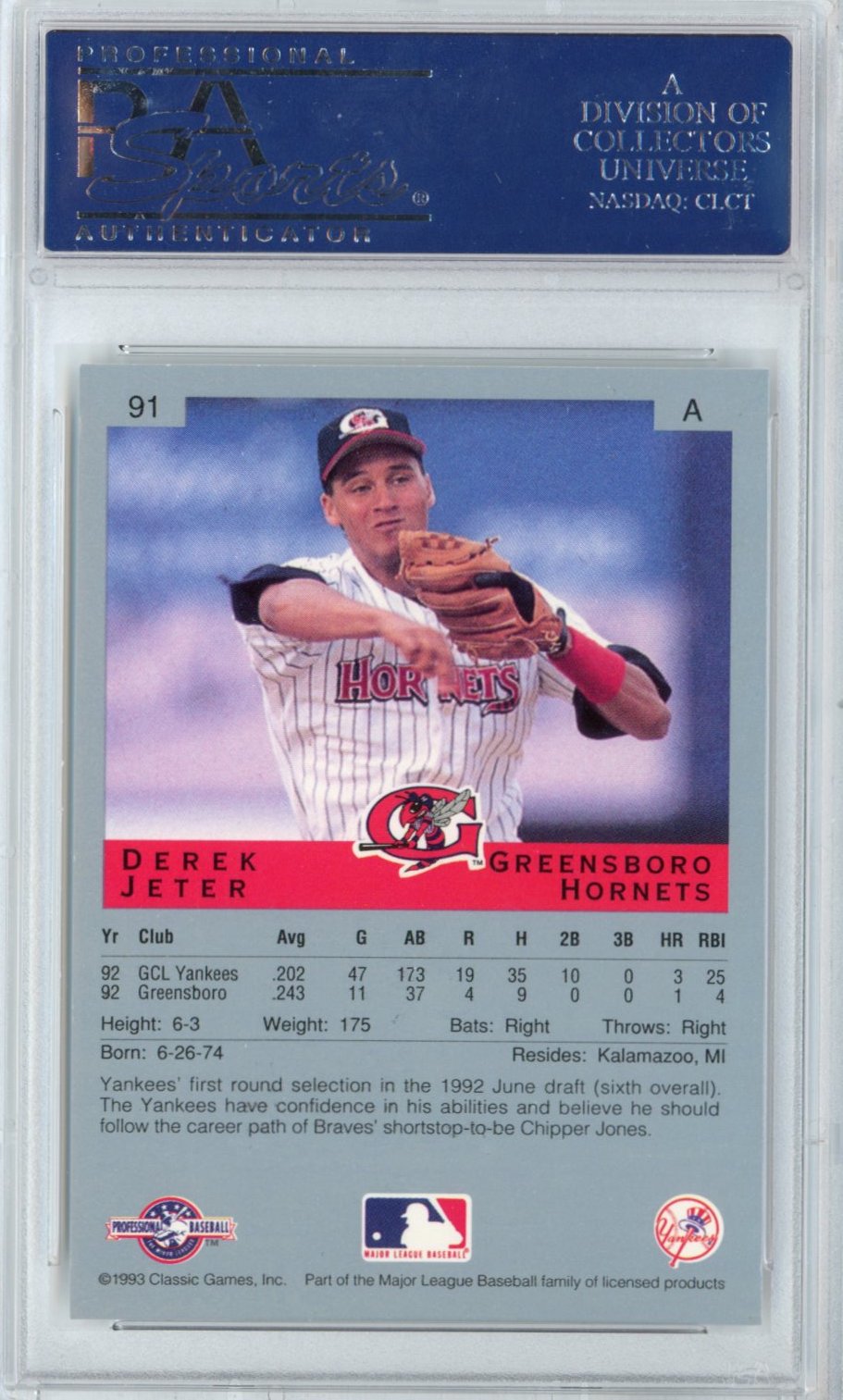 Graded 1993 Classic Best Derek Jeter #91 Rookie RC Baseball Card PSA 10 Gem Mint