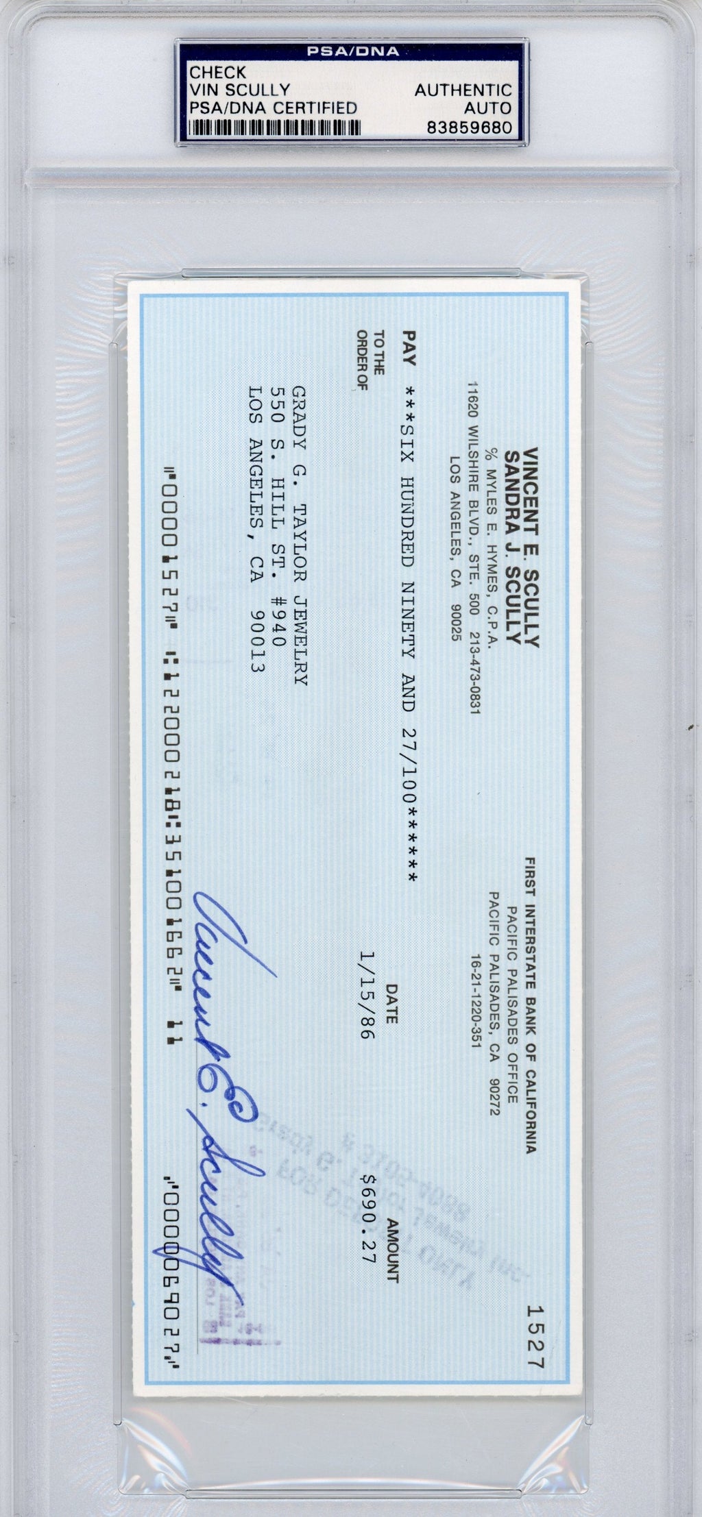 Autographed/Signed Vin Scully Los Angeles Dodgers Baseball Check Cut PSA/DNA COA