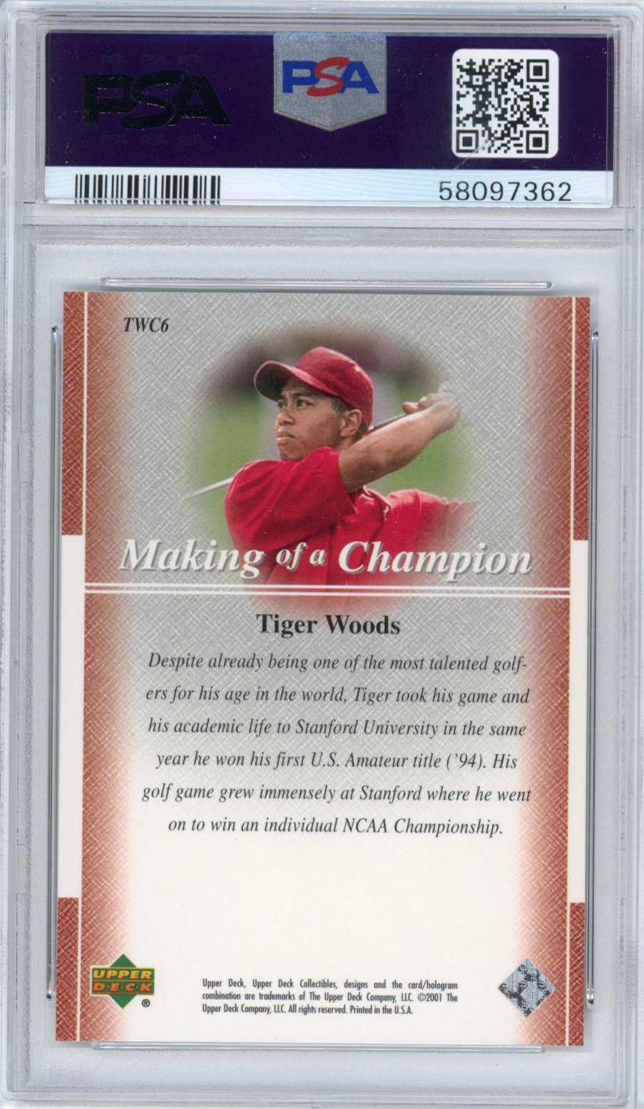 Graded 2001 Upper Deck UD Golf Tiger Woods #TWC6 Collection Rookie RC Golf Card PSA 10 Gem Mint