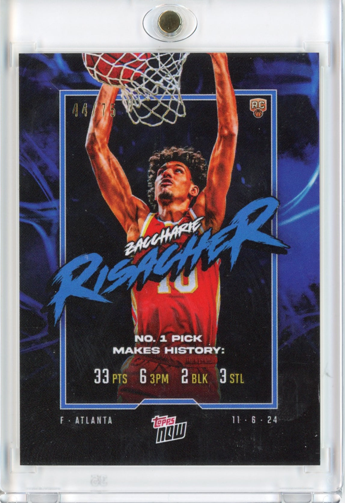 2024 Topps Now Zaccharie Risacher #5 Blue #/75 Rookie RC Basketball Card