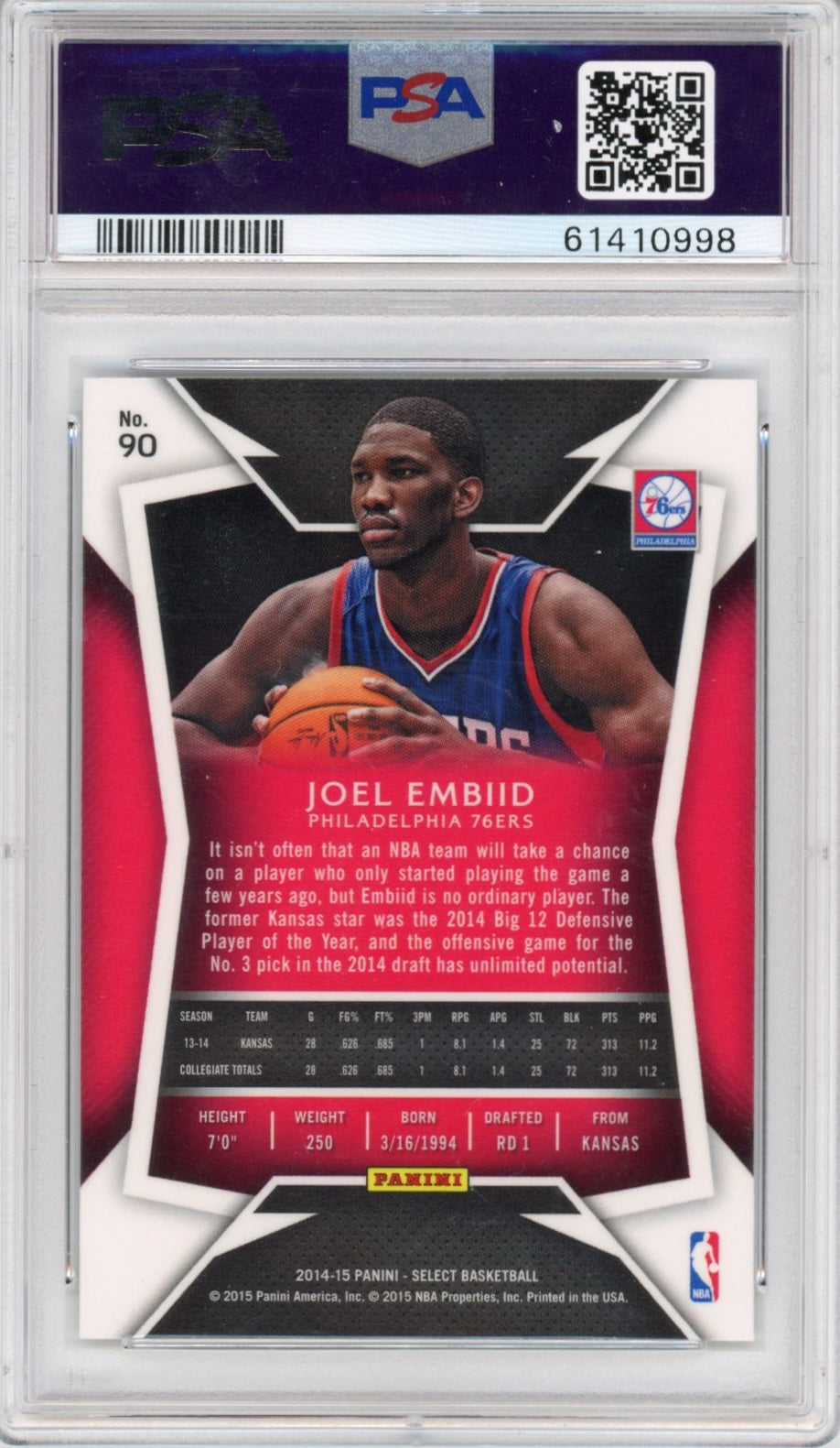 Graded 2014-15 Panini Select Joel Embiid #90 Rookie RC Basketball Card PSA 10 Gem Mint