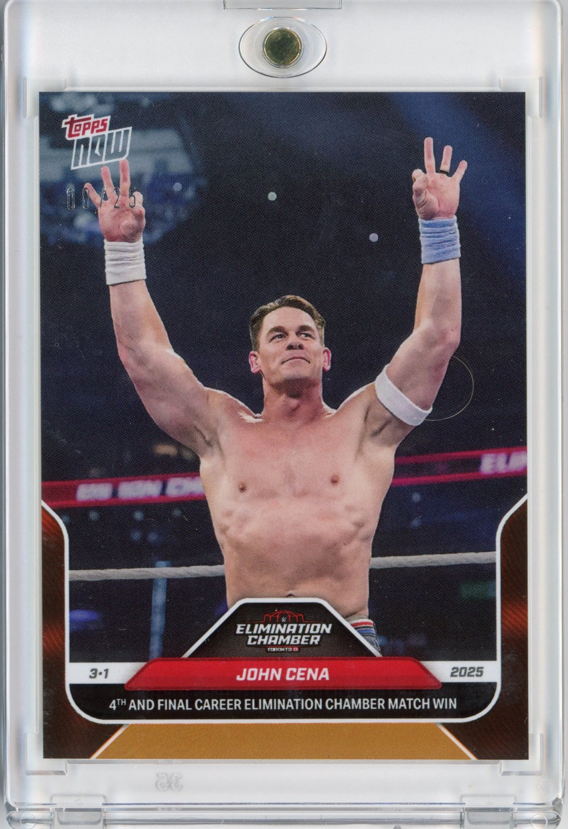 2025 Topps Now WWE John Cena #25 Orange #/25 4th & Final Elimination Chamber Win Wrestling Card