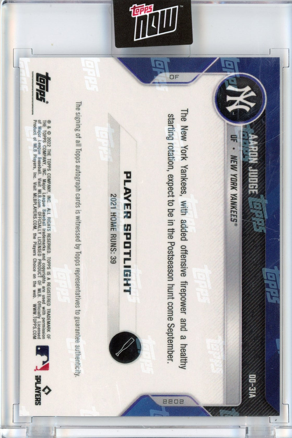 2022 Topps Now Road to Opening Day Aaron Judge #OD31A Auto /99 Baseball Card