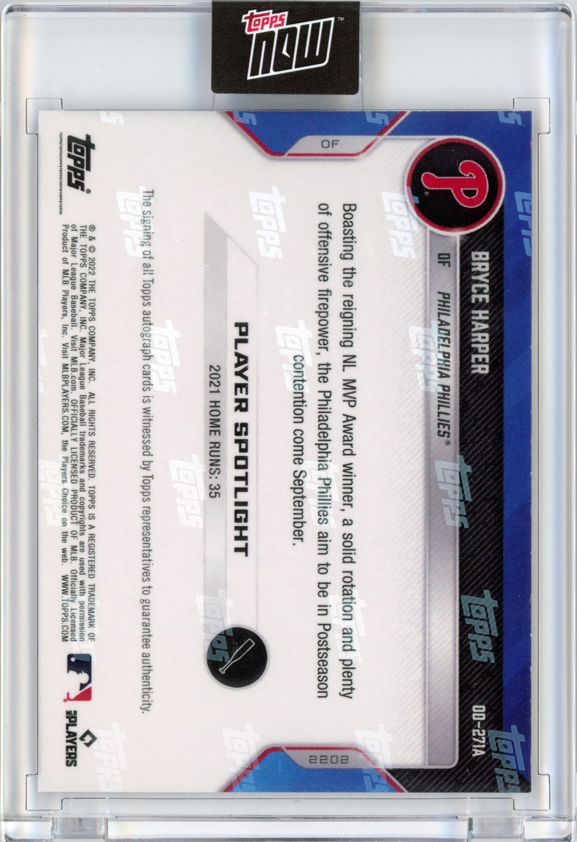2022 Topps Now Road to Opening Day Bryce Harper #OD271A Auto /99 Baseball Card