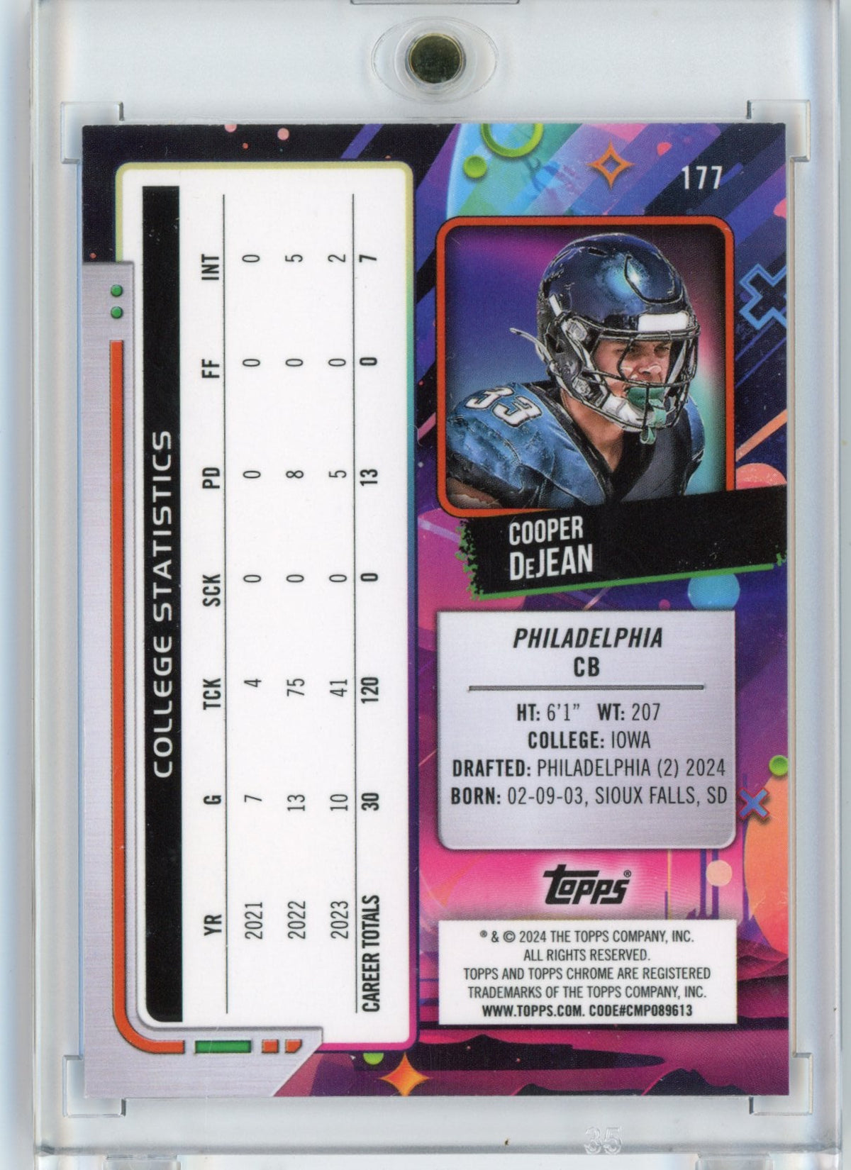 2024 Topps Cosmic Chrome Cooper DeJean #177 Blue Moon Refractor /99 Rookie RC Philadelphia Eagles Football Card