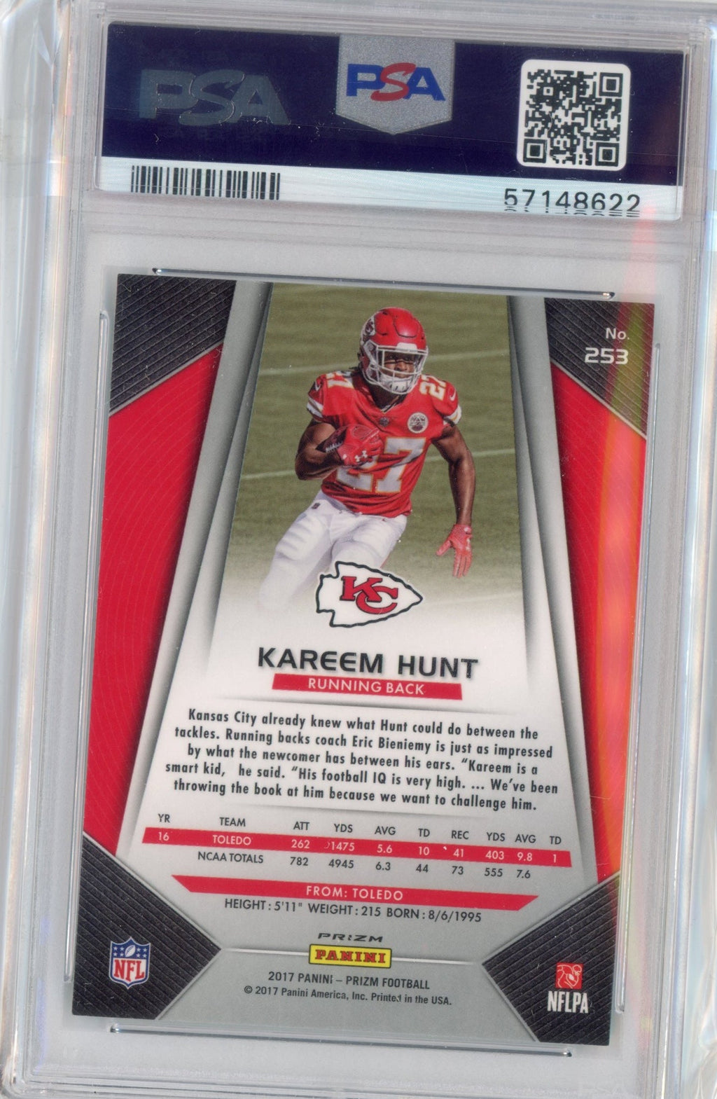 Graded 2017 Panini Prizm Kareem Hunt #253 Green Prizm Rookie RC Football Card PSA 10 Gem Mint