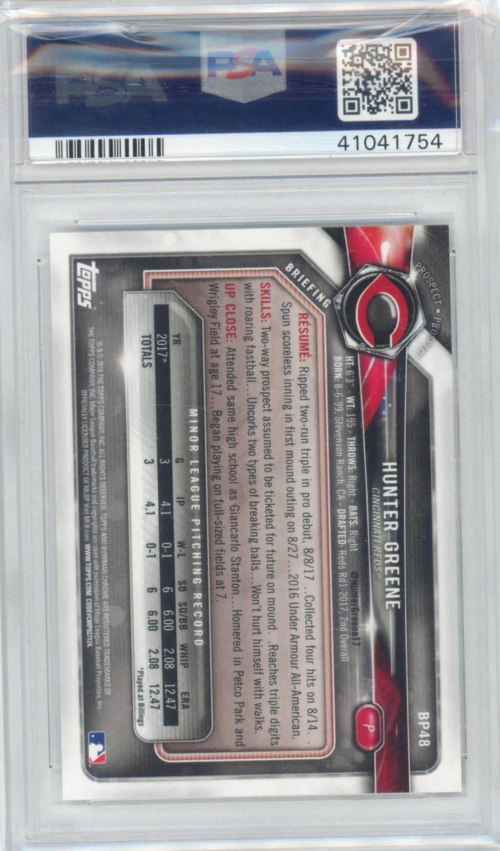 Graded 2018 Topps Bowman Hunter Greene #BP48 Paper Prospects Rookie RC Baseball Card PSA 10 Gem Mint