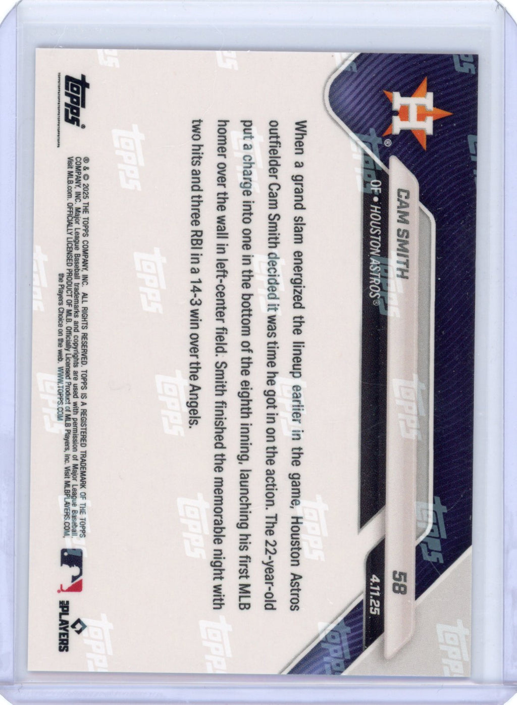 2025 Topps Now Cam Smith #58 1st MLB Home Run Foilfractor 1/1 Rookie RC Baseball Card